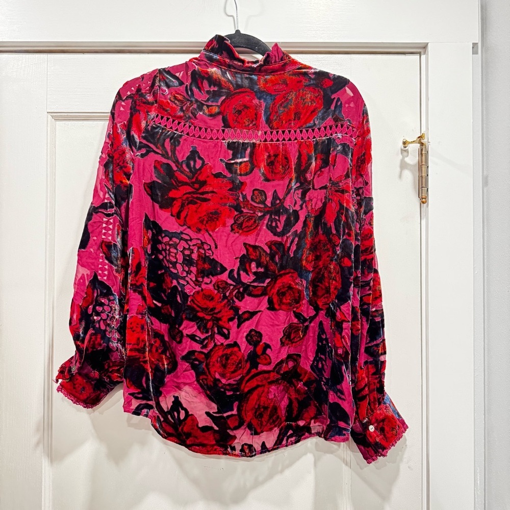 Sundance Velvet Burnout Burgundy Blouse XS Christmas Holiday Festive Dark Floral - Picture 3 of 15